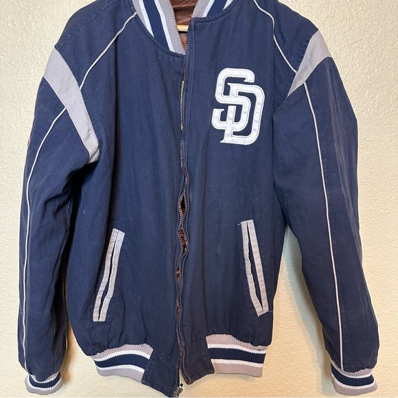 San Diego Padres Vintage Brown Satin Varsity Baseball Bomber Jacket Reversible - Picture 11 of 14